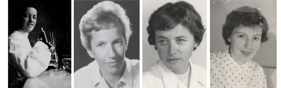Vier historische Porträts in Schwarz-Weiß von Marianne Bogatzki (Biochemie), Helga Kersten (Biochemie), Ingeborg Jochmus (Kinderheilkunde/Psychosomatik) und Margret Feldkamp (Orthopädie).