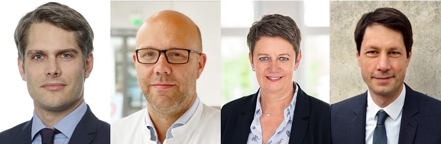 Frontal aufgenommene Porträts der vier Referent:innen Prof. Nils Hansson, Prof. Dirk Domagk, Prof. Eva Wardelmann und Prof. Hans-Georg Hofer vor neutralem Hintergrund.